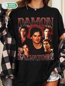 Damon Salvatore Bootleg Unisex T-Shirt,  Graphic Tee - Black - View 6