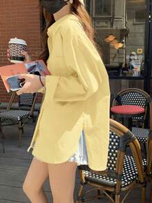 新款宽松蓝色女式衬衫，独特设计休闲外套式上衣，春秋季打底长袖上衣 - 黃色 - 查看 8