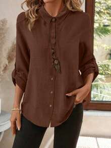 Camisa de mujer casual de lino de unicolor con mangas enrollables y detalles de botones, de manga larga, para primavera - Marrón - Ver 7