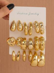 新款创意个性化水滴耳环，欧美风C形几何编织金四叶花CCB耳环套装，女士款 - 金色 - 查看 6