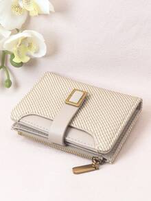Women's Short Contrast Color Patchwork Wallet, Fashion Textured Woven Purse Multi-Function Card Holder Pouch, Elegant Snap Closure Young Student Large Capacity Zipper Coin Purse, Lightweight Stylish Convenient Carry, Suitable For Holiday Gift - Apricot - View 5