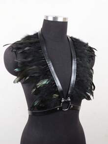 1 PC Faux Feather Harness Bra Top – Perfect For Halloween, Carnival, Stage Shows & Night Out Looks, Adjustable Shawl Cape For Cosplay - YM - View 3