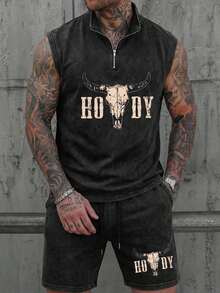 简约男士夏季水洗做旧半拉链背心套装 - 黑色 - 查看 1