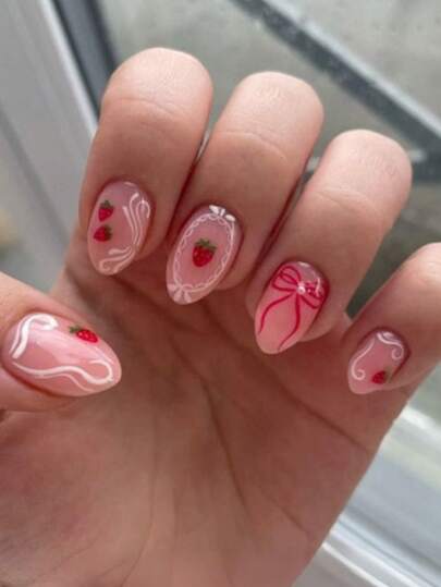 24片/套杏仁形春夏草莓蝴蝶结蕾丝珍珠短款假指甲，适合性感女孩、OL、派对、约会和日常佩戴