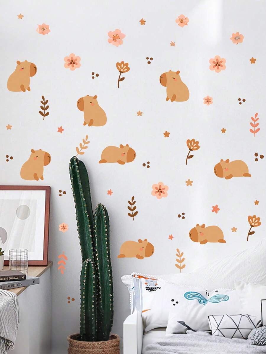 1pc Capybara Animal Wall Sticker, Cartoon Capybara & Flower Wall Decal For Kids Bedroom, Nursery Room Background Wall Decoration, Suitable For Living Room, Bedroom, Cabinet - Multicolor - View 1