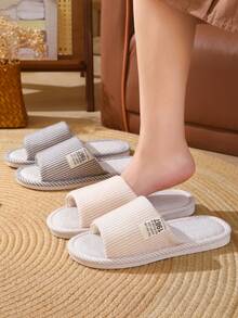 Zapatillas de lino a rayas unisex para la playa, transpirables y antideslizantes para uso en interiores, adecuadas para todas las estaciones, primavera - Beis - Ver 2