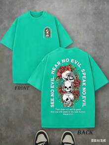 Retro Washed T-Shirt Double Sided Printed 230g 'SEE NO EVIL, HEAR NO EVIL, SPEAK NO EVIL' PSALM Letter And Pattern Print, Christian Gift Men's T-Shirt - 湖綠色 - 查看 3