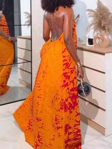色彩缤纷的扎染印花沙滩休闲度假露背连衣裙 - 橘色 - 查看 2