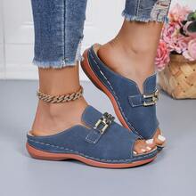 PWIIMG Women's Metal Buckle One-Piece Slide Sandals, Versatile Summer Slippers, Casual Open Toe Mules - Blue - View 4