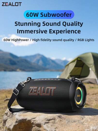  Altavoz inalámbrico de alta potencia ZEALOT P16 de 60W, subwoofer portátil para exteriores, con luces de color RGB, compatible con tarjeta SD/USB/AUX/admite dos altavoces en serie, manos libres, compatible con teléfono móvil/tableta/TV/ordenador, adecuado para bailes al aire libre a gran escala/reuniones familiares/fiestas en la playa