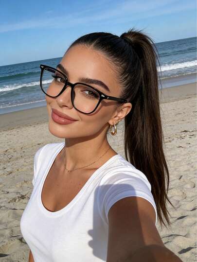 1pc Women's Casual Minimalist Square Full Frame Clear Lens Glasses, Suitable For Daily Outings, Holiday Beach Accessories