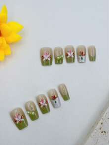 Purely Handmade Nail Art,10-Piece Set,Lime Green,Short Trapezoid,Beauty , Fragrancestyle, French Tip Nails,Press On Nails - Lime Green - View 5