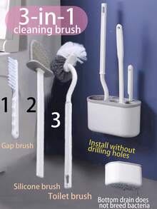 Bộ cọ vệ sinh nhà vệ sinh 3 trong 1 (1 cọ cán dài, 1 cọ silicon, 1 cọ rãnh, 1 giá đỡ cọ chống rò rỉ), Bộ dụng cụ vệ sinh nhà tắm, Thích hợp để vệ sinh nhà vệ sinh và phòng tắm, Dễ lắp ráp, Lông cọ nylon, Làm sạch sâu - White A - Xem 2