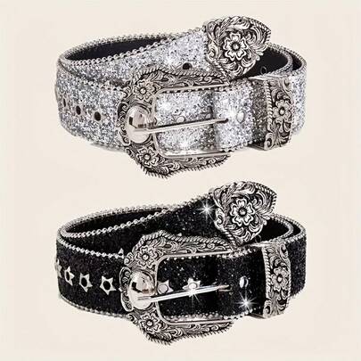 2pcs/Set Women's Leather Belt, Rivet, Star Pattern, Y2K Hiphop Style, Studded, Beaded Chain Decor, Glitter Accent, Suitable For Daily Wear, Party, Floral Engraved Metal Buckle, Retro Western Cowboy Jeans Belt
