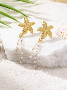 1 Pair Fashion Tassel Shell Starfish Pearl Stud Earrings, Suitable For Women's Party, Date, Daily Wear - Starfish Pearl Tassel Earrings - View 2