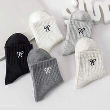 5双装女童可爱蝴蝶结短袜 - 柔软中筒袜，透气休闲日常穿搭袜套装，适合儿童和青少年 - 淺灰色 - 查看 5