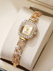 1件女士方形水钻表盘经典石英手链腕表，优雅礼物 - 金色 - 查看 6