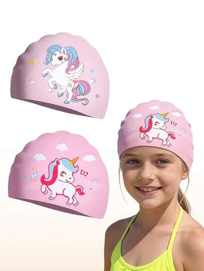 1个女童独角兽硅胶泳帽，防水男女通用泳帽，适合长短发