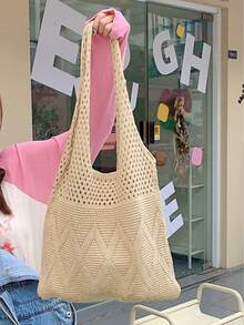Yogodlns 女士钩针编织包 夏季沙滩手提包 美学手提包 嬉皮风针织包 时尚必备：女士钩针编织手提包，镂空手提包，沙滩旅行单肩包，大容量购物袋，沙沙设计，是学生和女性游客户外活动、旅行和购物的完美礼物 - 卡其色 - 查看 3
