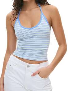 Women Sleeveless Striped Colorblock V Neck Crop Cami Tank Y2K Aesthetic Tie Up Halter Backless Cute Slim Fit Tops - 淺藍色 - 查看 4