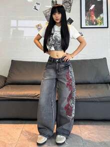 1pc Women's Loose Fit Embroidered Wide Leg Jeans, Comfortable Casual High Street Fashion Pants (Belt/Accessories Not Included) Spring Black - màu đen - Xem 7