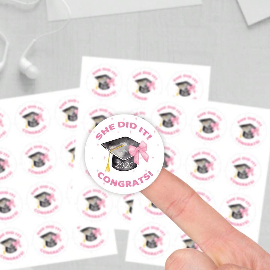 10pcs "She Did It" 2026 Graduation Theme Round Labels, Pink Graduation Gift Stickers, Graduation Party Decorations - Multicolor - View 1