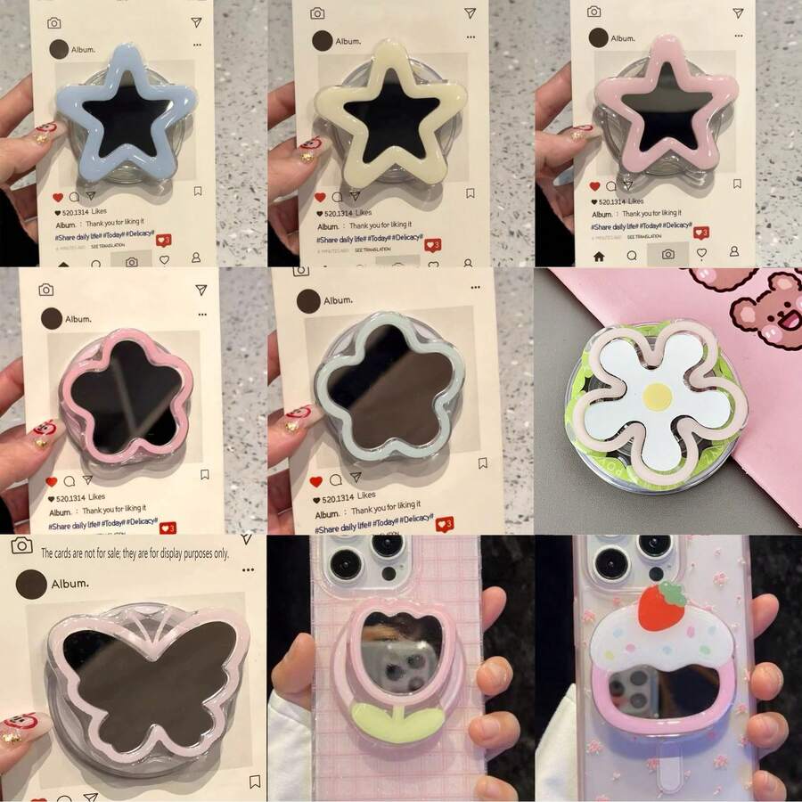 Cute Mirror Element Push-Pull Mobile Phone Stand 1 Set Star & Flower Shaped Mirror Decor Magsafe Magnetic Phone Stand Adjustable Slouchy Holder Spring Gift Party - Multicolor - View 1
