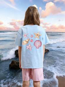 2pcs/Set Tween Girls' Tropical Shell & Wave Print Short Sleeve T-Shirt, Young Student Summer Outfit, Suitable For Girls, Matching Set, Friendship Outfit - Multicolor - View 3