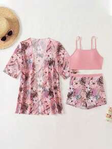 Women's 3-Piece Bikini Set With Tie-Dye Print. - Pink - View 3