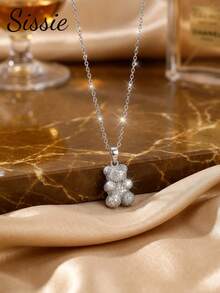 1pc Elegant Cute Crystal Bear Pendant Necklace, Suitable For Girls, Fashionable And Shiny, Party Jewelry, Children's Birthday And Christmas Gift - Silver - View 2