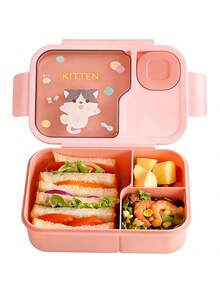 1pc New Cute Cartoon Compartment Bento Box With Utensils And Dipping Sauce Cups, 3 Divided Leak-Proof Plastic Lunch Box, Microwave , Picnic Box With Cartoon Pattern - Multicolor - View 1