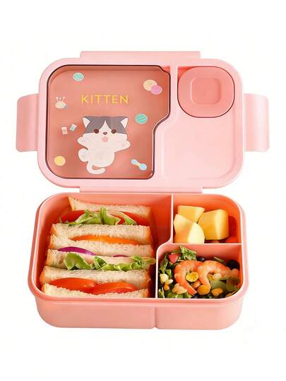 1pc New Cute Cartoon Compartment Bento Box With Utensils And Dipping Sauce Cups, 3 Divided Leak-Proof Plastic Lunch Box, Microwave , Picnic Box With Cartoon Pattern