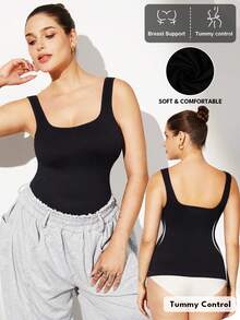 1pc Women Plus Size Seamless Slimming Tank Top, Black, Shapewear Camisole, Summer Going Out Tops - Black - View 4