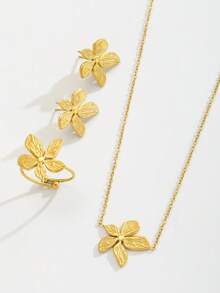 3pcs/Set Beautiful Fashion Popular Gold Stainless Steel Chain Five-Petal Flower Pendant Necklace Stud Earrings & Ring Set For Girls As Daily Wear Jewelry Accessory Gift Matching All Season - Gold - View 4