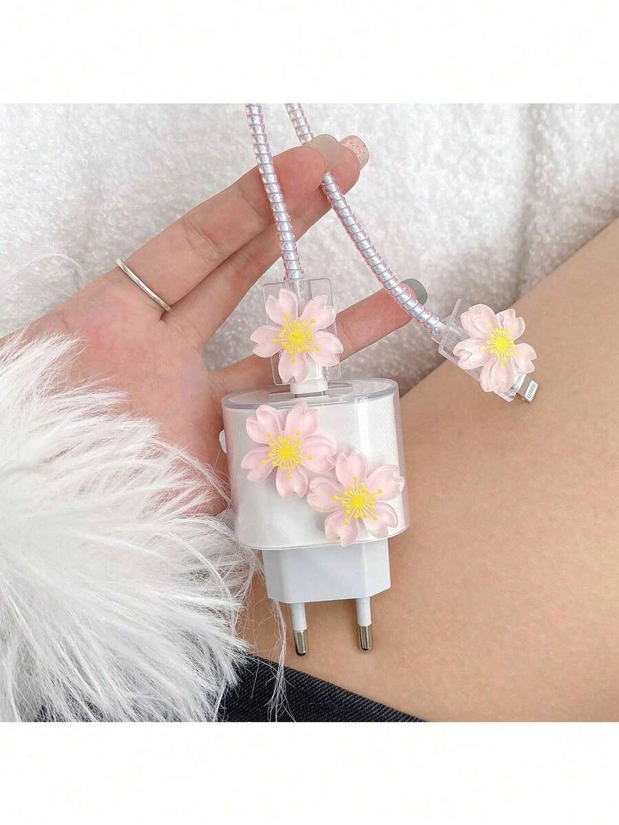 一套5个欧版20W樱花图案充电线保护套，保护您的充电线，兼容 11/12/13/14/15/16/17 Pro Max