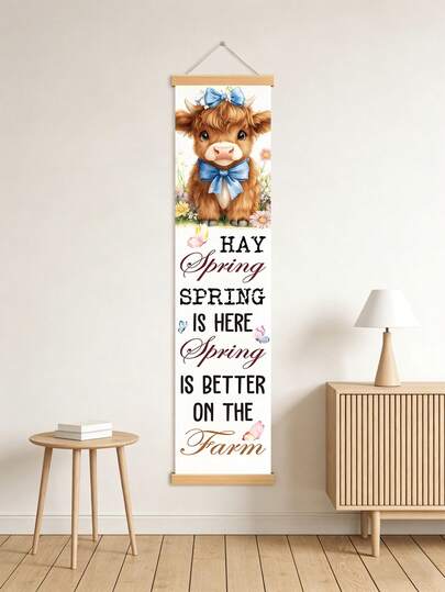1pc Highland Cow Hay Spring Wall Hanger - Rustic Farmhouse Porch Decor With Cute Cow, Butterfly & Floral Print, Perfect For Spring Break, Mother's Day, Graduation Party, Farmhouse Entryway & Seasonal Home Styling, Includes Wooden Clips For Easy Installation