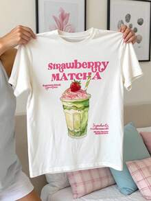 Camiseta de algodón de 180g con diseño estampado en la parte frontal (é con leche y letras), top de mujer para primavera/verano, cuello redondo, manga corta, adecuada para el uso diario, salidas casuales, versátil para el hogar y paseos al aire libre. Sencilla y adecuada para todos, estilo moderno y de nicho, la primera opción para parejas. - Blanco - Ver 1