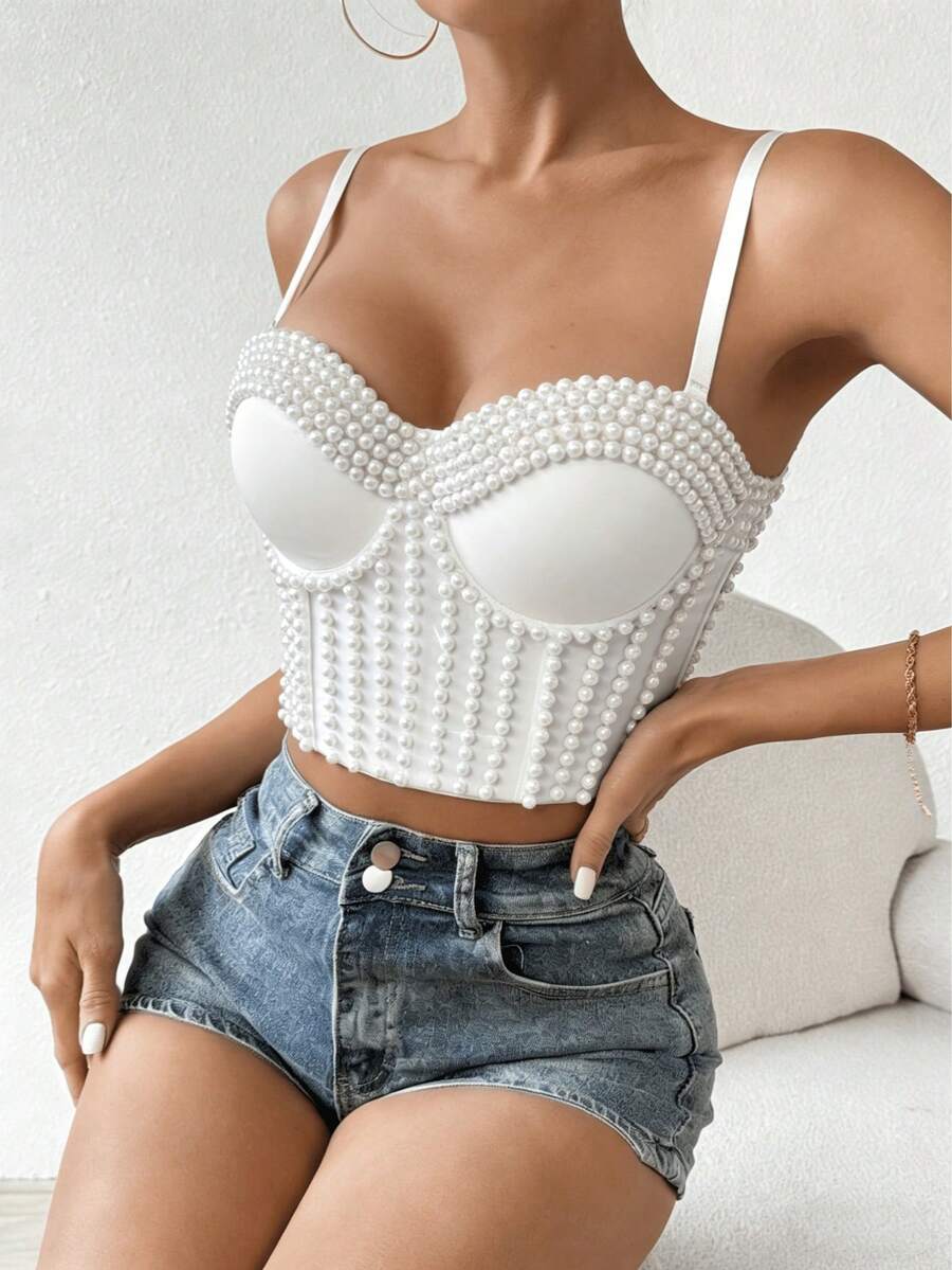 Handmade Pearl Camisole Strap Top, Fashionable & Youthful, Shaping, Solid Color, Gather & Lift, Retro, Sexy Clubwear Crop Top For Women Casual White Summer - White - View 1