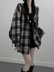 Camisa de mujer de ajuste holgado y casual con estampado de cuadros, de manga larga y hombros caídos, adecuada para uso diario, oficina y escuela, primavera/otoño - Multicolor - Ver 1