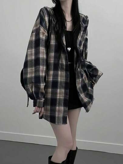 女士休闲宽松格纹印花落肩长袖衬衫，适合日常、办公和上学穿着，春秋季款