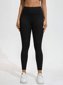 女士高腰收腹瑜伽裤，纯色运动紧身裤，82.5% 涤纶，17.5% 氨纶，全长，四季针织面料，弹性腰带，无腰带，适合跑步、健身和瑜伽 - 黑色 - 查看 6