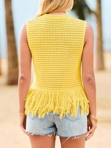 Saodimallsu Womens Crochet Crop Tops Sleeveless Fringe Crew Neck Boho Knit Summer Sweater Vest - Màu vàng - Xem 6