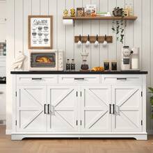 Aparador grande con 4 puertas y 3 cajones, estilo rústico, ideal para comedor, cocina o sala de estar, color blanco. - Blanco y Negro - Ver 1