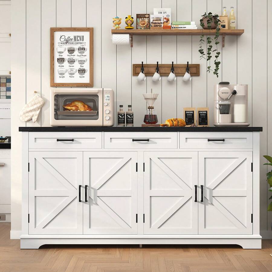 Aparador grande con 4 puertas y 3 cajones, estilo rústico, ideal para comedor, cocina o sala de estar, color blanco. - Blanco y Negro - Ver 1