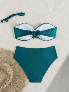 Conjunto de Bikini de Dos Piezas con Tirantes Finos de unicolor para Mujer, con Accesorio Metálico en el Centro, Adecuado para Vacaciones en la Isla, Playa y Verano - Agua verde azul - Ver 3