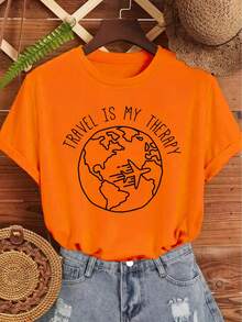 Minimalist Line Graffiti Full-View Design: An Airplane Passing Over The Earth, English Letter Print Pattern, Retro, Simple, Fresh, Fashionable, Spring-Summer, Round-Neck, Short-Sleeve Top, Women's Casual Sports T-Shirt - Minimalist - trắng - Xem 10