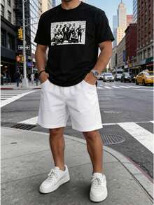 Conjunto para hombre estilo streetwear urbano con estampado gráfico divertido y letras algodón cómodo ajuste holgado cuello redondo manga corta primavera verano uso casual set de playera y shorts - Negro 1 - Ver 2