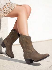 Women's Embroidered Western Cowboy Ankle Boots Almond Toe Chunky Heel Side Zipper Cowgirl Style Suitable For Spring And Fall Party Festival Short Boots - 咖啡棕 - 查看 6