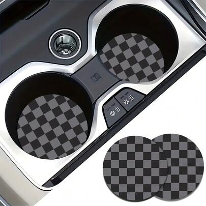 2pcs Black And Gray Checkerboard Pattern Car Cup Holder Coasters, 2.75-Inch Round, Waterproof Car Interior Mats To Keep Car Cup Holders Clean And Dry, Car Interior Cup Holder Decor
