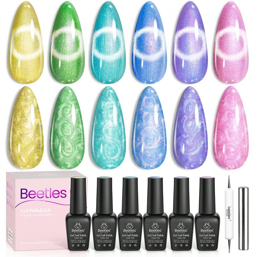 Beetles Pearl Gel Nail Polish, 6 Colors Shimmer Pearl White Pink Purple Mermaid Nail Drawing Spring Gel Polish - 6 Colors Whispering Waves - 查看 1